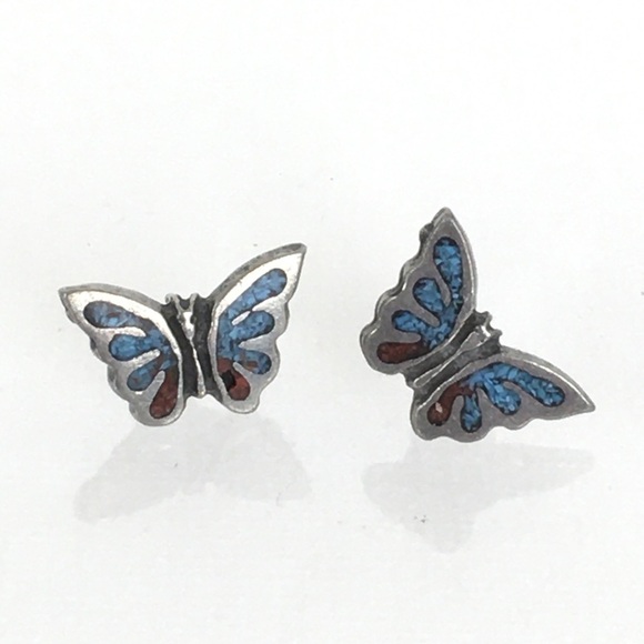 Vintage 80’s Turquoise Butterfly Stud Earrings Chip Inlay Boho Western Retro - Picture 1 of 11